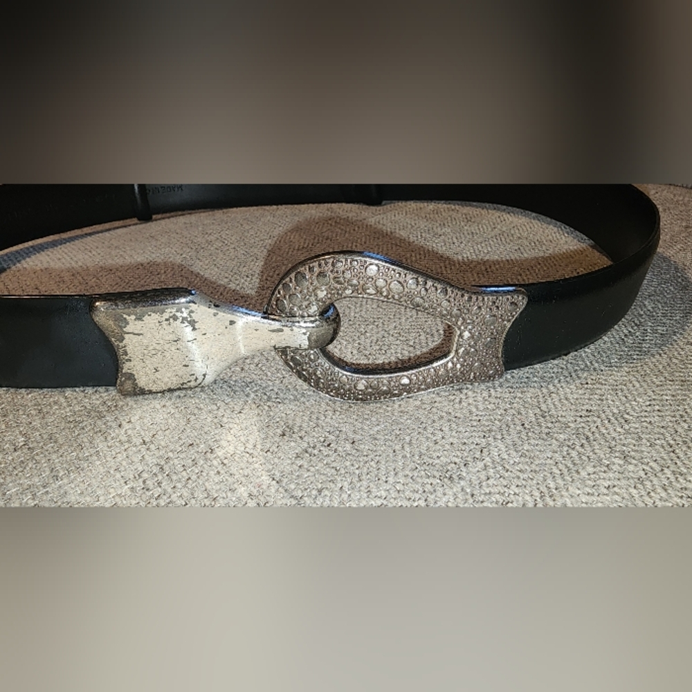 CHICO'S INTERLOCKING SILVER BLACK WOMEN'S SPLIT LEATHER BELT SIZE S/M  1" WIDE